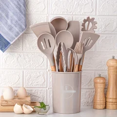 Silikon köksredskapsset med trähandtag, non-stick och ställ