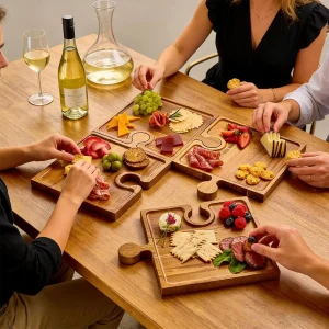 Pusselmönstrad serveringsbricka i trä för charcuterie och tilltugg