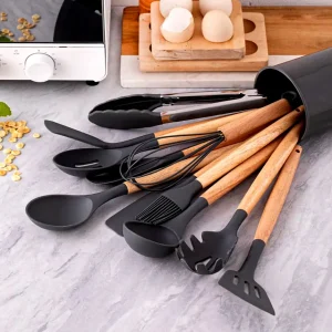 Alternative view of 12-delars silikonköksredskapsset med trähandtag, non-stick