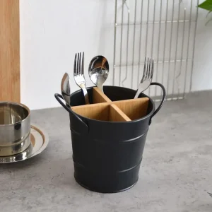 Köksorganisatör i bambu och rostfritt stål för bestick och redskap