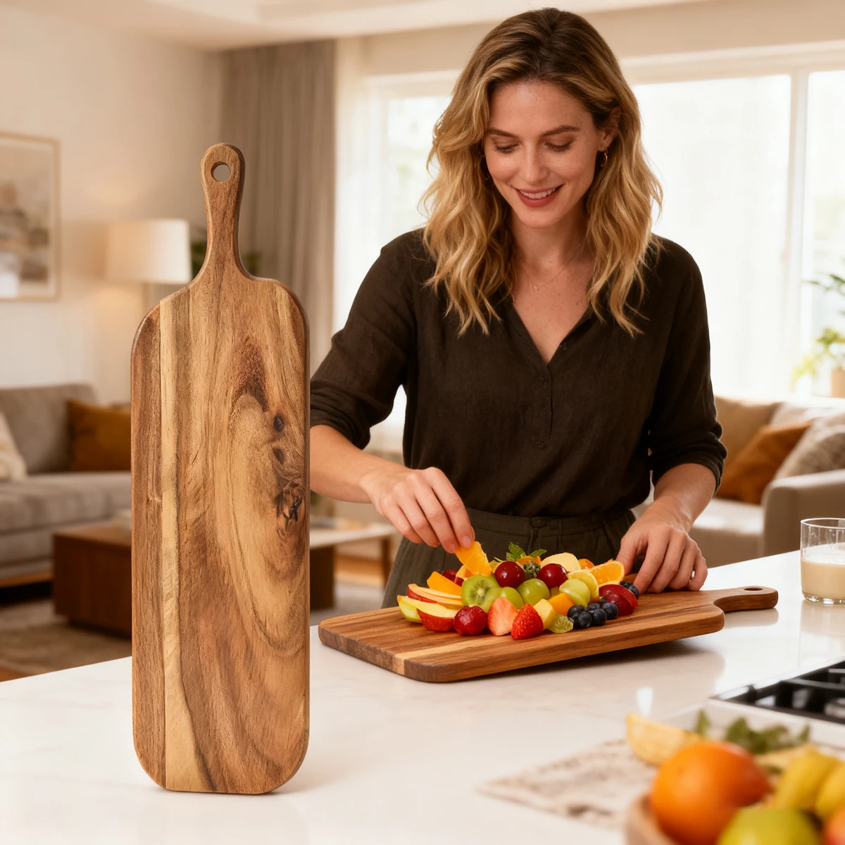 Träskärbräda i acacia med handtag – skärbräda och serveringsbräda 4 Träskärbräda i acacia med handtag – skärbräda och serveringsbräda - Bild 4