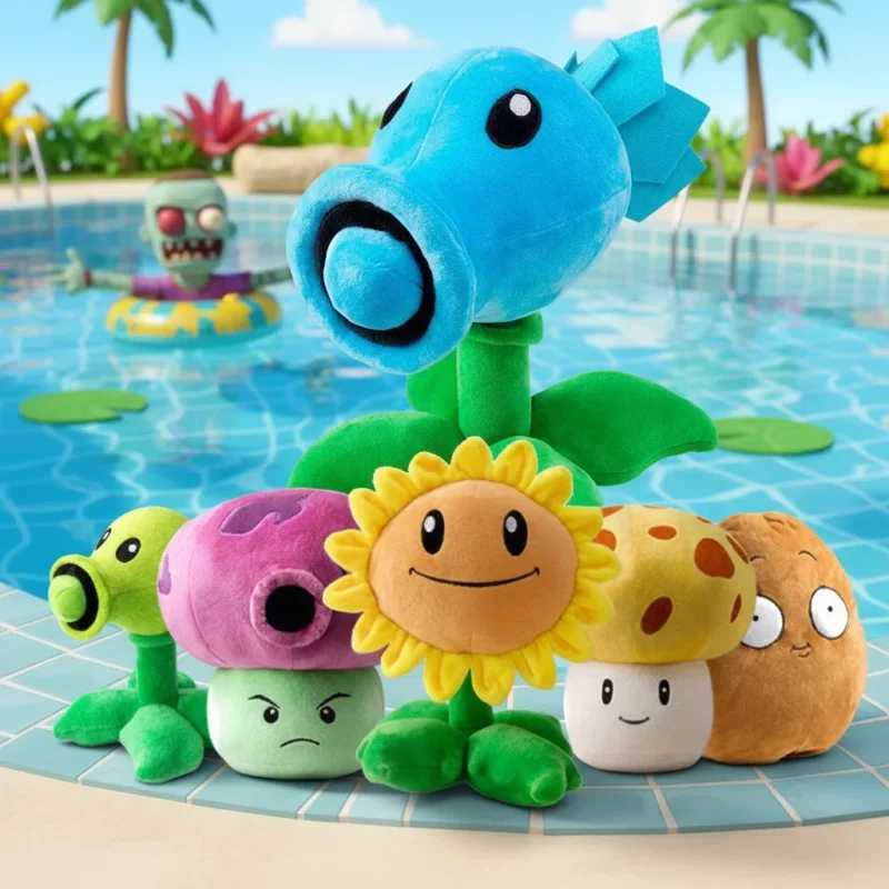 Plants vs Zombies-växtfigurer som kudde i grönt, gult, blått och rosa