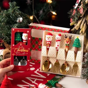 Julbestickset med tomte och snögubbe – dessertsked, gaffel och kniv
