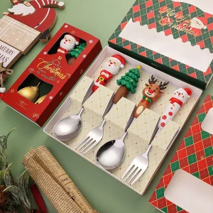 Julbestickset med tomte och snögubbe – dessertsked, gaffel och kniv