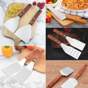 Stekspade i rostfritt stål med grillskrapa och trähandtag