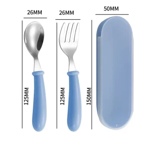 Barnbestickset i rostfritt stål med sked och gaffel, kartondesign