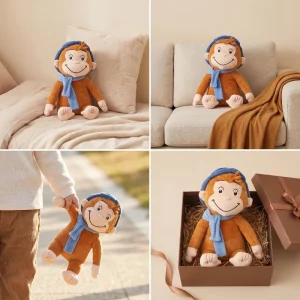 Curious George gosedjur med blå mössa och halsduk, mjuk plyschapa
