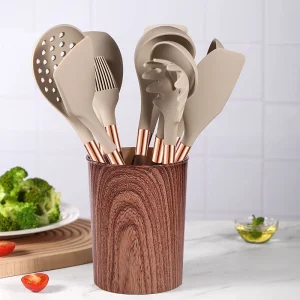 Kökstillbehör i silikon med träkorn 11-delars set, non-stick