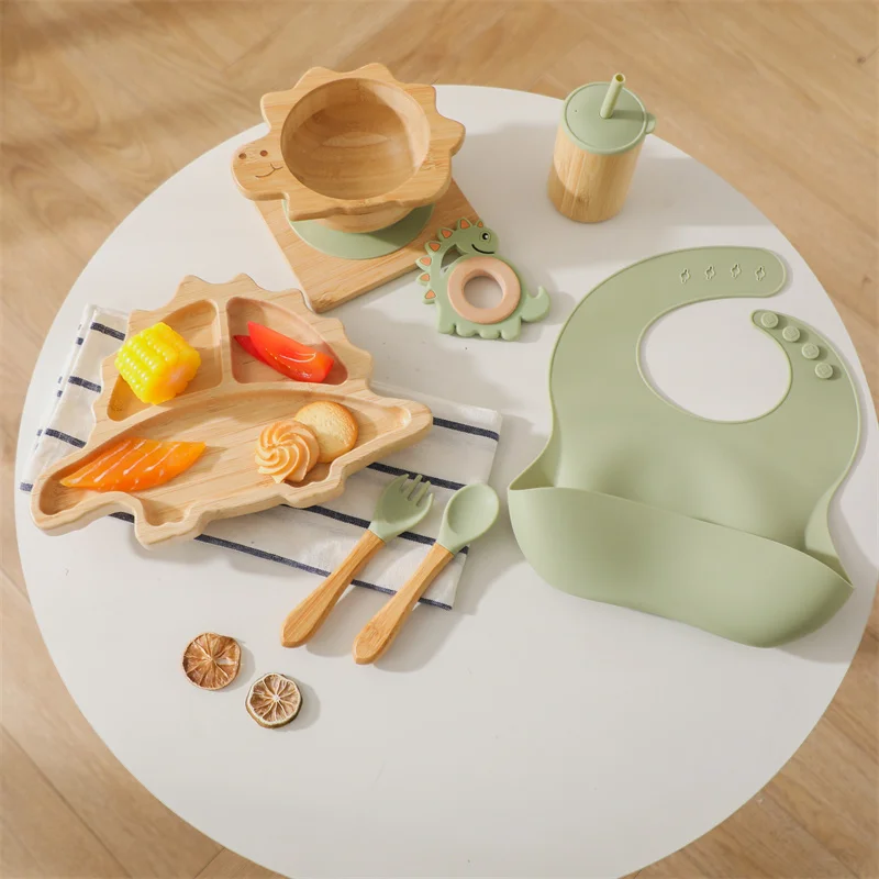 Bambu dinosaurie matset för bebis med silikontallrik och träsked 3 Bambu dinosaurie matset för bebis med silikontallrik och träsked - Bild 3