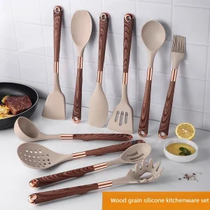 Kökstillbehör i silikon med träkorn 11-delars set, non-stick