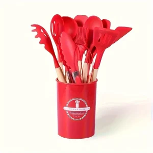 Silikon köksredskapsset med trähandtag, non-stick och ställ 11 Silikon köksredskapsset med trähandtag, non-stick och ställ