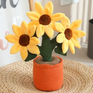Solros- och blomsterbukett i kruka, mjuk plyschfigur 30 cm