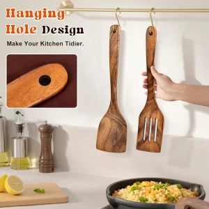Spatelset i akaciaträ med långt handtag, 2 delar för matlagning