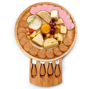 Bambuskärbräda för ost och chark med kniv och gaffel