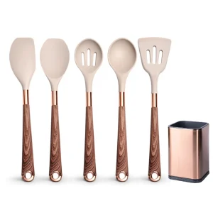 Silikonköksredskap med värmetåliga, non-stick handtag i roséguld