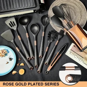 Non-stick köksredskapsset i silikon med roséguldfärgade handtag