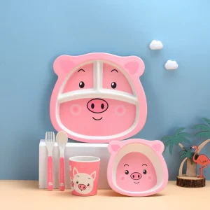 Babys servisset i naturlig bambufiber med söta djurmotiv