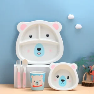 Babys servisset i naturlig bambufiber med söta djurmotiv