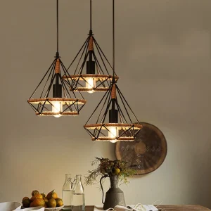 Alternative view of Retro pendellampa i metall och hamparep, vintage taklampa med E27