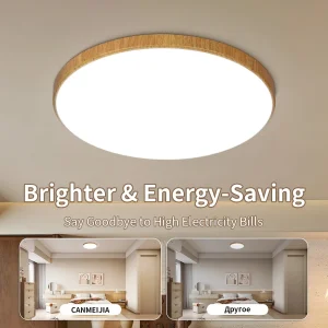 Modern LED-taklampa med träkänsla, dimbar och fjärrkontroll