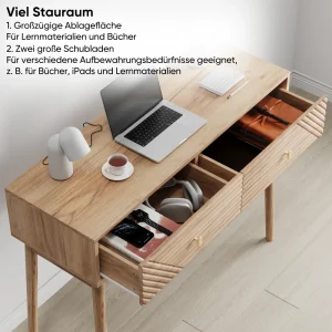 Konsolbord i mid-century modern-stil med lådor och öppna hyllor