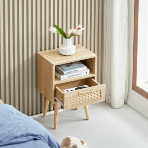 Modern nattduksbord i rattan med 1 låda och solida träben
