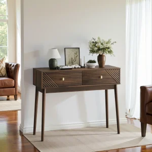 Mid-Century modern konsolbord med två lådor och öppen förvaring
