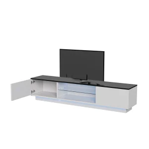 Modernt TV-bänk i trä med LED-belysning, 2 dörrar och 2 hyllor