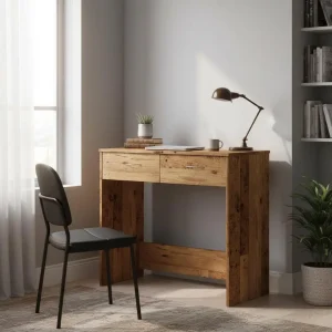 Modernt skrivbord i trä med praktiska lådor och platsbesparande design