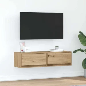 Vägghängt TV-skåp i trä med två lådor för vardagsrum