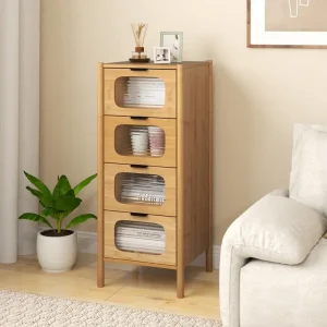 Bambu-liknande byrå med 4 lådor och räfflat glas, natur
