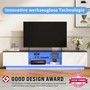 Modernt TV-bänk i trä med LED-belysning, 2 dörrar och 2 hyllor