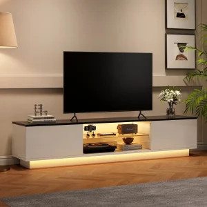 Modernt TV-bänk i trä med LED-belysning, 2 dörrar och 2 hyllor