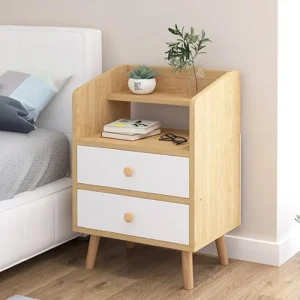 Modern minimalistisk sängbord i trä med 4 lådor och montering