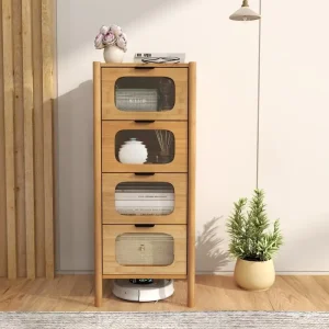 Bambu-liknande byrå med 4 lådor och räfflat glas, natur