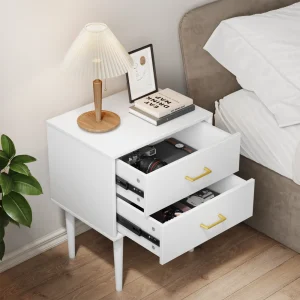 Modern vit sängbord med 2 lådor och träben