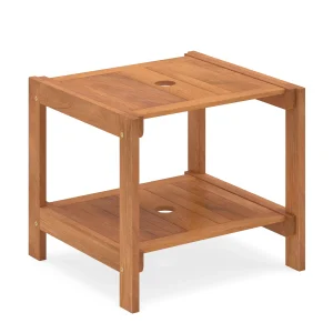 Trädgårdssbord med 2 plan, parasollhål och ribbad bordsskiva i trä