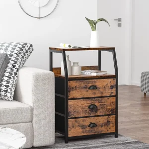 Minimalistiskt nattduksbord med 3 lådor, öppen hylla och metallram