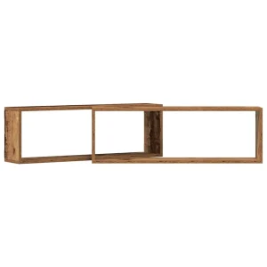 Vägghyllor med rack i vintage trä, 2 st, 80x15x26 cm