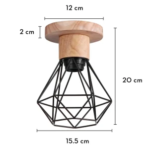 Modern taklampa i trä och metall med E27-sockel, svart cage-design