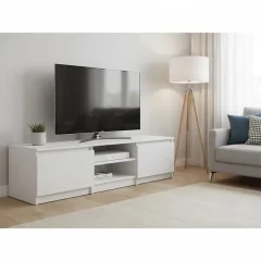 Vit TV-bänk i konstruerat trä 140x40x35,5 cm med 2 dörrar