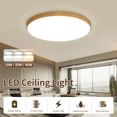 Modern LED-taklampa med träkänsla, dimbar och fjärrkontroll