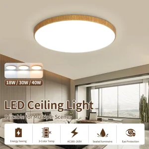 Modern LED-taklampa med träkänsla, dimbar och fjärrkontroll