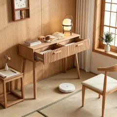 Modern konsolbord i trä med två lådor och tippskydd