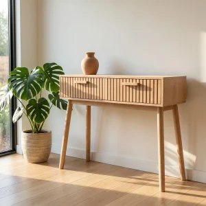 Konsolbord i naturligt trä, 100×35×80 cm, med 2 förvaringslådor
