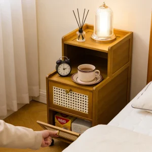 Modern sängbord i bambu med smal förvaring och hjul, 25 cm