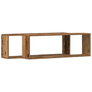 Vägghyllor med rack i vintage trä, 2 st, 80x15x26 cm