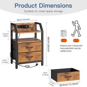 Nattduksbord med laddstation, USB-portar och fabric drawers