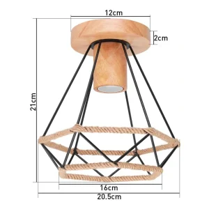 Modern taklampa i trä och metall med E27-sockel, svart cage-design