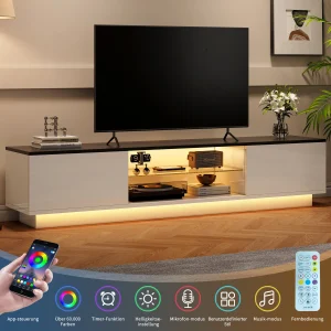 Modernt TV-bänk i trä med LED-belysning, 2 dörrar och 2 hyllor